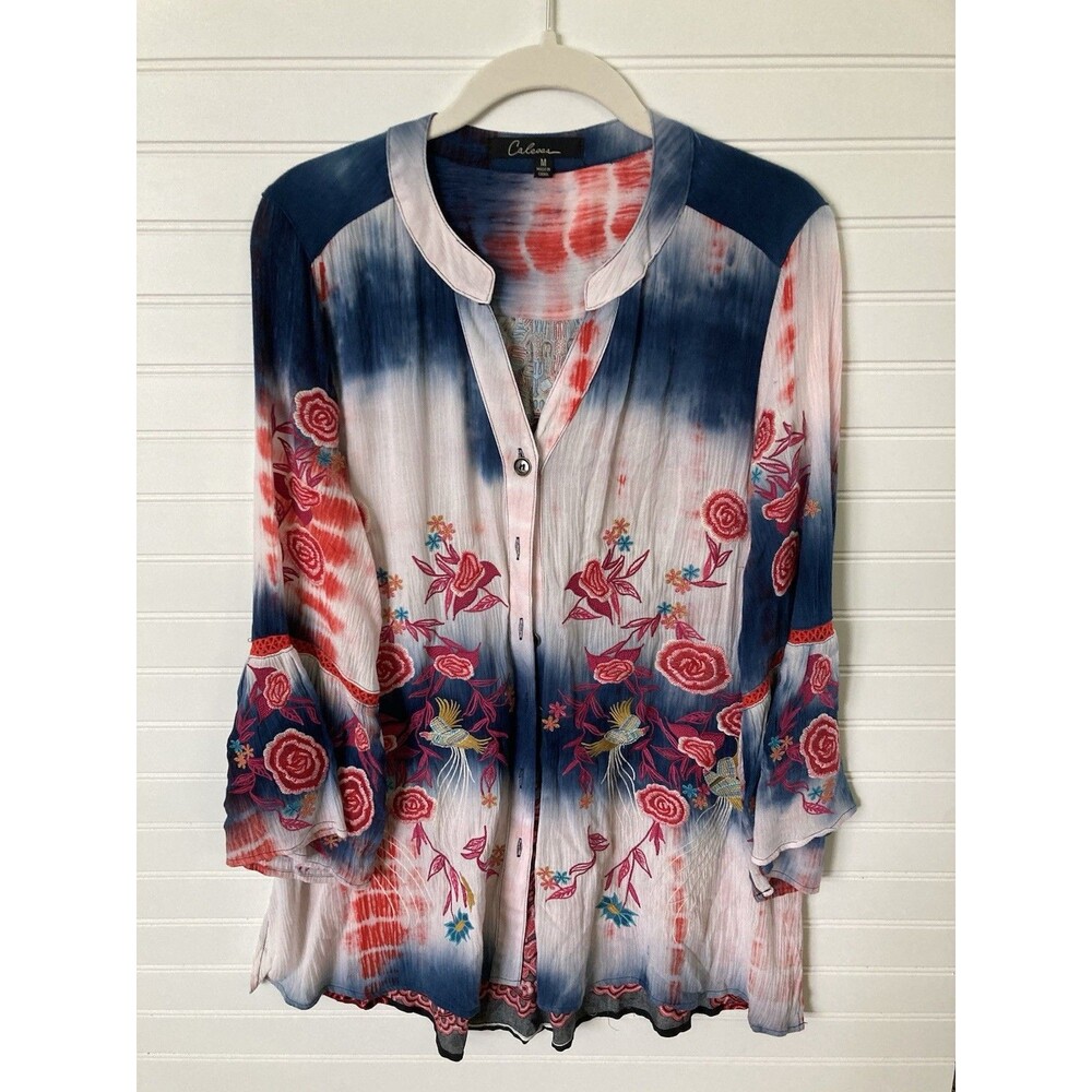 Calessa Embroidered Blouse MEDIUM Flared Sleeve Button Front Boho Rayon